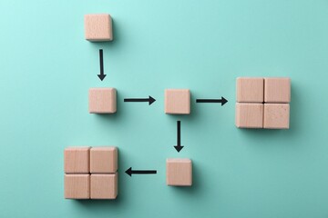 Obraz premium Business process organization and optimization. Scheme with wooden figures and arrows on light blue background, top view