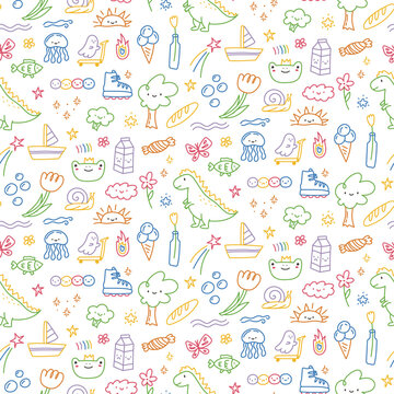 Hand drawn doodle outline seamless pattern in kids scribble style. Trendy hand-drawn sketch line vector background