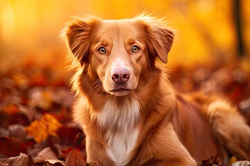 close-up portrait red dog golden retriever labrador in autumn against the background of red-yellow leaves and copy space - generative ai