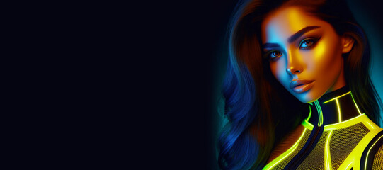 Model Showcases Her Unique Style, Neon-Painted Body and Face Contrasting Beautifully with Dark Backdrop, Creating a Visually Stunning Close Up Portrait. - obrazy, fototapety, plakaty