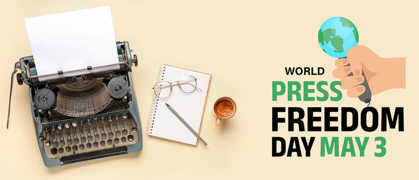 Vintage typewriter with blank paper sheet, glasses, notebook, pencil and cup of coffee on yellow background