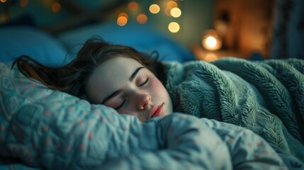 A young girl sleeping in a bed with lights on, AI