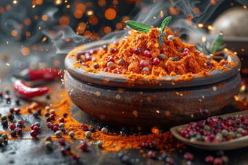 A spice-infused culinary creation, where diverse flavors converge to tantalize the taste buds in a harmonious symphony. Concept of culinary fusion and creativity. Generative Ai. - obrazy, fototapety, plakaty