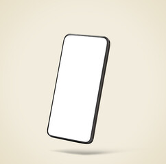 Smartphone with empty screen in air on beige background. Mockup for design