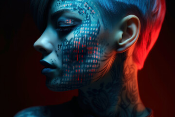 Cyberpunk woman with a striking tattoo on her face. Futuristic style merges with punk aesthetics, defining the alternative fashion