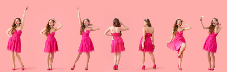 Set of beautiful young girl in stylish prom dress on pink background