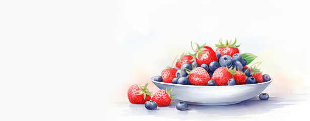 Watercolor illustration with ripe strawberries with blueberries in a white plate on the table on a light background with copy space. Fruits on a white background. Healthy eating