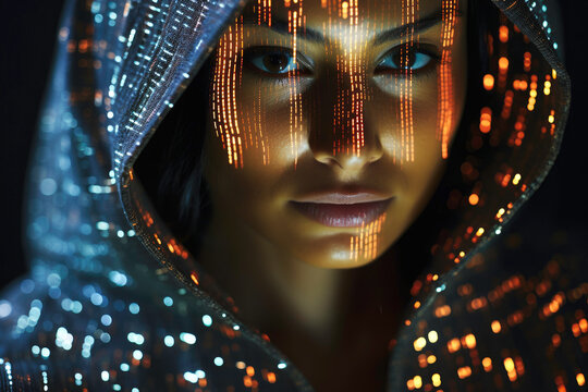 Female face covered with laser lights. Artificial intelligence in action. Human avatar. Face recognition. Data science and communication. Using future technology