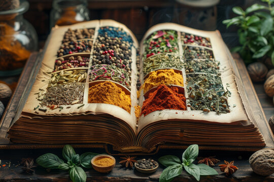 A spice encyclopedia showcasing the origins, uses, and profiles of various spices, offering a comprehensive guide to culinary enthusiasts. Concept of spice knowledge. Generative Ai.
