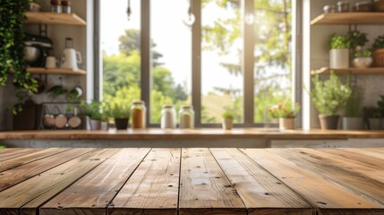 Top Kitchen Product Display on Wooden Counter with Blurred Interior Generative AI