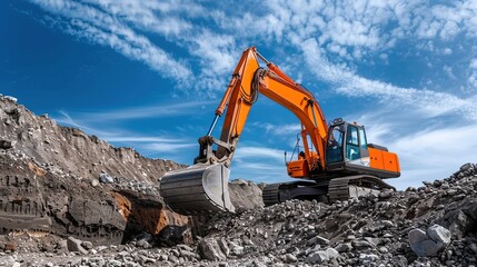 a heavy excavator digging up rocky soil