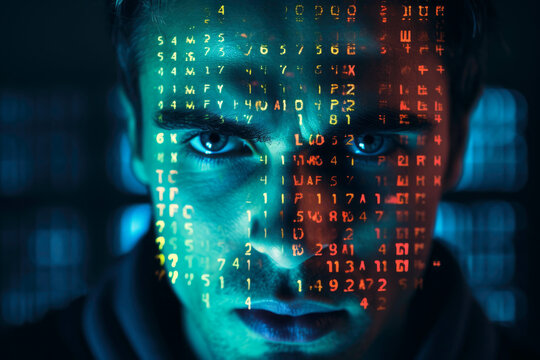 Man covered with digital characters. Artificial intelligence model. Human avatar. Face recognition. Big data representation. Mapping data. Data science