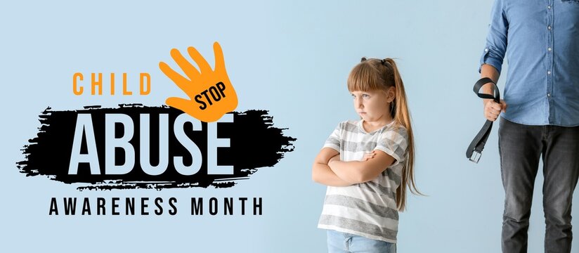 Awareness banner for National Child Abuse Prevention Month with father threatening his little daughter