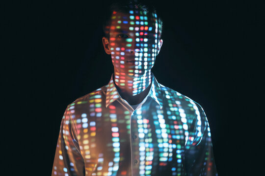 Portrait of man covered with laser lights. Learning AI model. Futuristic interaction of human and new technology. Scanning identity. Science research
