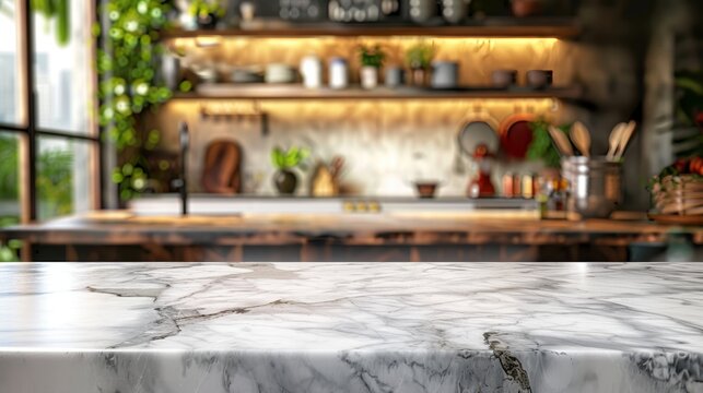 Blurred Marble Kitchen Countertop: Product Display Banner Mockup Generative AI