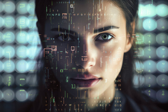 Woman covered with digital characters. Artificial intelligence model. Human avatar. Face recognition. Big data representation. Mapping data. Data science