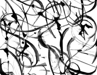 Abstract random ink strokes pattern with swooshes of black strokes and blots on a white background	