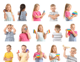 Set of little children with autism on white background