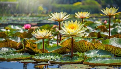 Water lotuses, with their captivating fragrance and exotic foliage, gracefully steal the spotlight in any pond. - obrazy, fototapety, plakaty