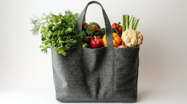 Gray shopping bag with grosseries inside on white background