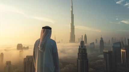 Arabic businessman looking at the city. Business and success concept.