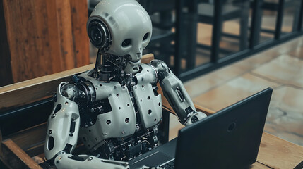 Fototapeta premium AI Robot Typing on Laptop: Futuristic Scene of Artificial Intelligence Engaged in Computer Work, Illustrating Technological Advancements and Automation in the Digital Age.