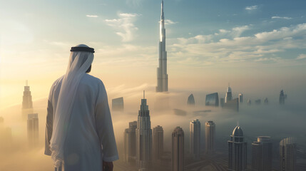 Fototapeta na wymiar Arabic businessman looking at the city. 3D Rendering.