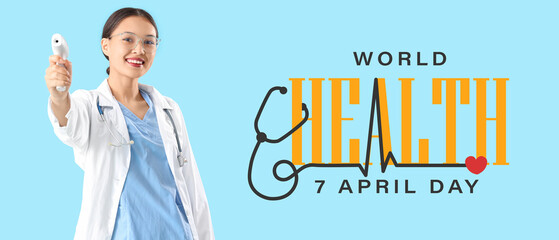 Female Asian doctor with infrared thermometer on blue background