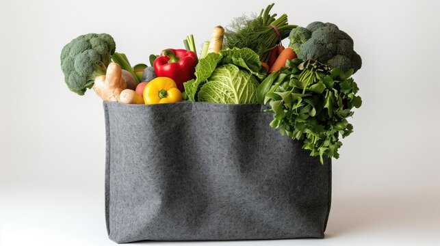 Gray shopping bag with grosseries inside on white background