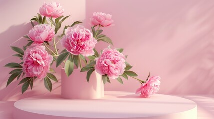 Spring Product Podium with Pastel-Colored Pink Peonies for Branding and Packaging Mockup Generative AI