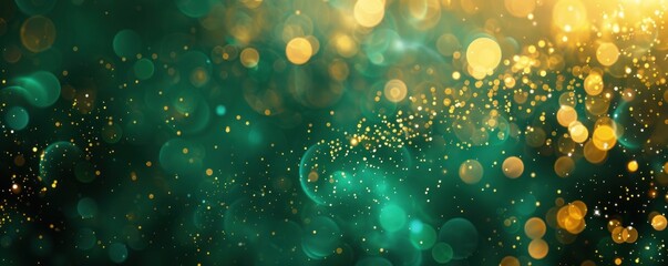 Abstract bokeh background. Gold bokeh on defocused emerald green background