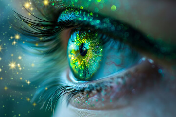 eye iris with green iris, reflection of nature, sters, sparkles, futuristic artwork, macro