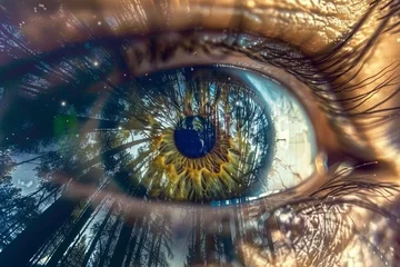 Wandcirkels plexiglas eye iris with a reflection of nature, trees and sky, futuristic artwork, macro, close up, green, environmental protection © zgurski1980