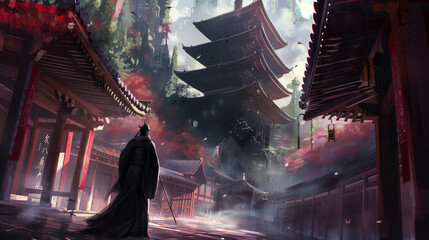 Chinese temple in the fog with a monk in a black robe.