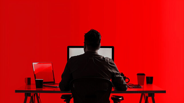back view of businessman sitting at workplace and looking at computer monitor isolated on red