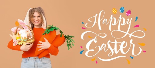 Easter banner with beautiful young woman with bunny ears, carrot-shaped toys and basket