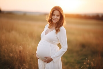 Fototapeta na wymiar Young Caucasian pregnant woman wearing a white dress, natural rural blurred background, sunset