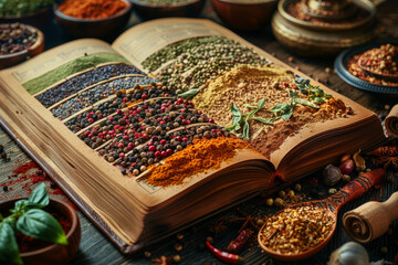 A spice-stained recipe book filled with culinary creations, showcasing the versatility of spices in diverse cuisines. Concept of spice-infused gastronomy. Generative Ai.
