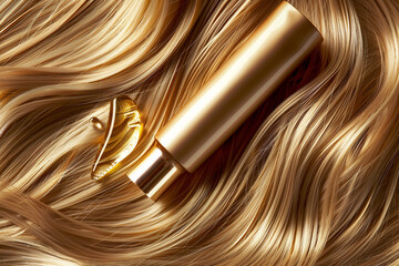 Obraz premium cosmetic cream tube mockup, flowing golden hair waves with oil droplets, luxurious and elegant appearance, hair cosmetics