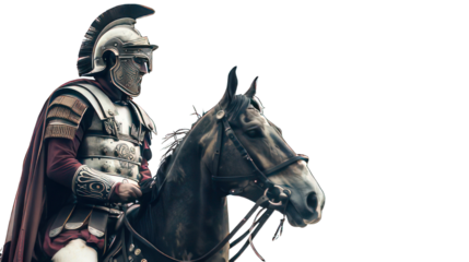 Roman soldier on a horse isolated on white created with Generative AI