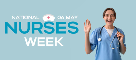 Beautiful female doctor waving hand on blue background