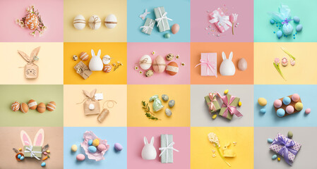 Collage with many Easter eggs, gifts and decorations on color background