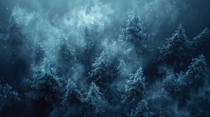 Fototapeta premium A group of trees are covered in snow and fog, AI