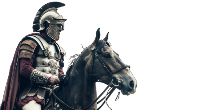 Roman soldier on a horse isolated on white created with Generative AI