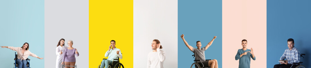 Set of different people with disabilities on color background
