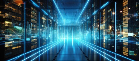 An extensive hallway lined with multiple rows of powerful servers in a high-tech data center