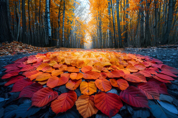 A kaleidoscope of autumn leaves blanketing the forest floor, painting a vibrant tapestry of seasonal transition. Concept of the changing colors of fall. Generative Ai. - obrazy, fototapety, plakaty