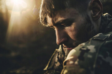 Soldier reading post-trauma text, grappling with PTSD - obrazy, fototapety, plakaty