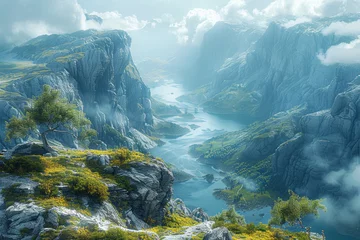  A panoramic view of a canyon carved by the meandering river, showcasing the geological marvels of erosion over time. Concept of dramatic river canyons. Generative Ai. © Sebastian
