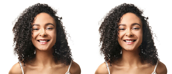 Beautiful young African-American woman before and after rhinoplasty on white background